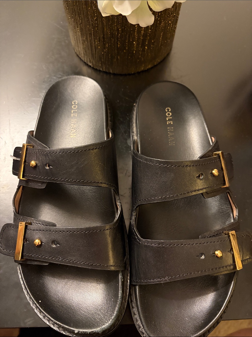 Cole Haan Black Leather Double-Strap Buckle Slides